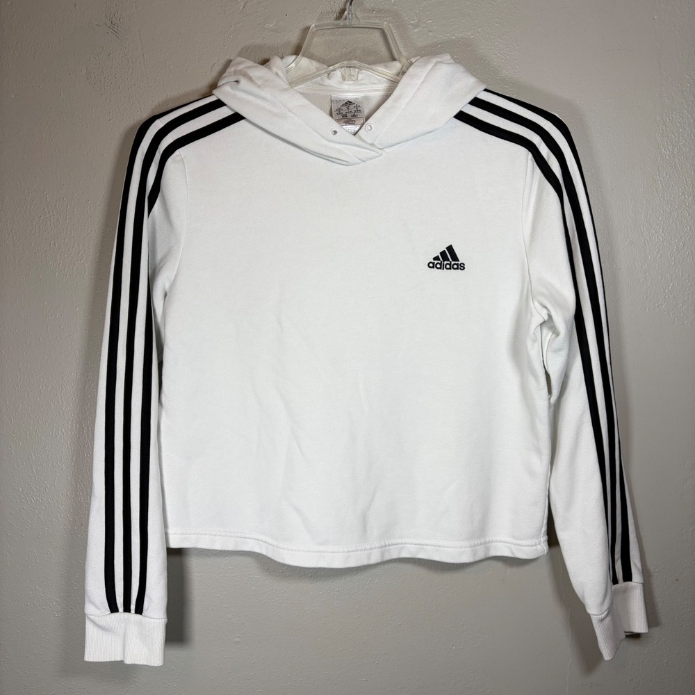 Adidas Womens Essentials 3-Stripes Cropped Hoodie White Black GM5574 Size M